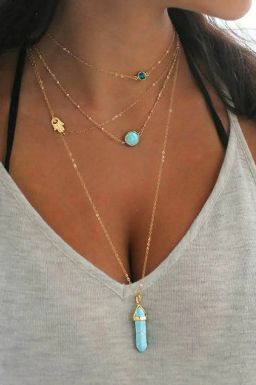Gold Turquoise Gemstone Pendant Multi-Layered Necklace