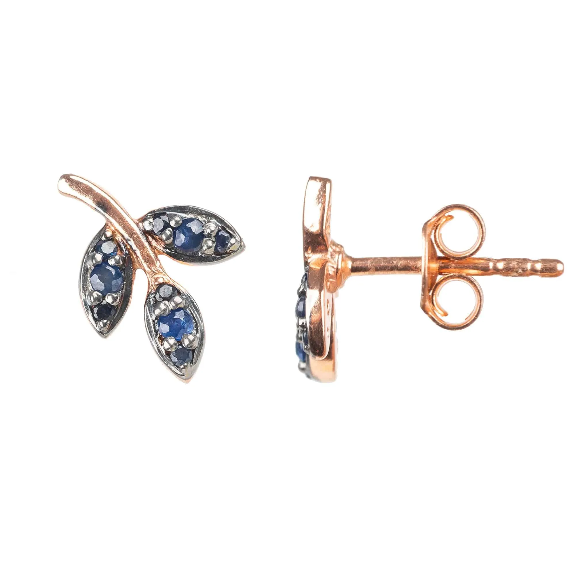 Leaf Stud Earrings Blue Sapphire Rosegold