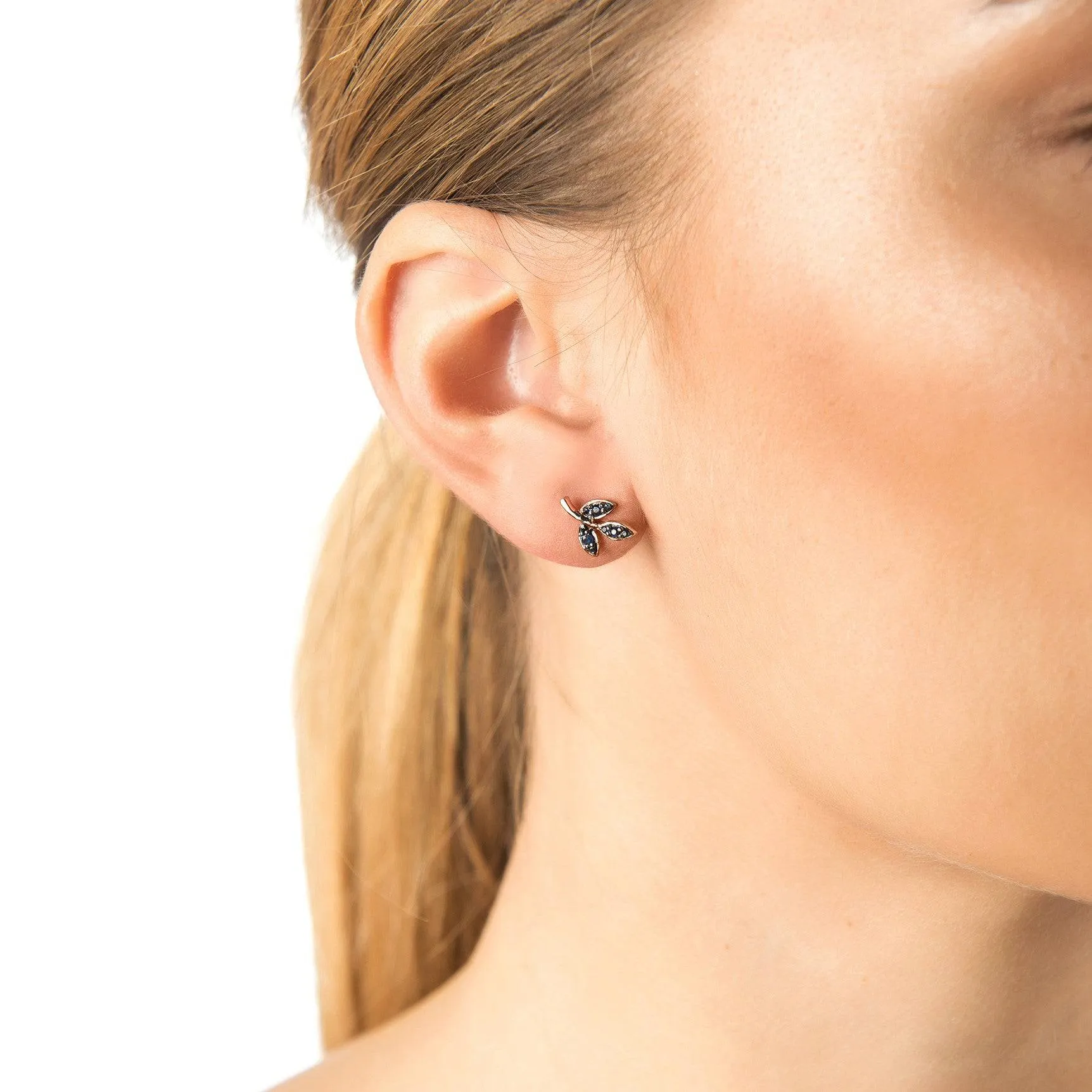 Leaf Stud Earrings Blue Sapphire Rosegold