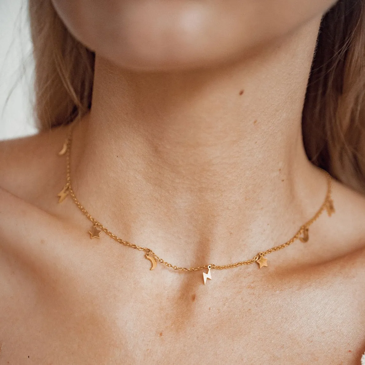 Lightning Star Moon Necklace Gold