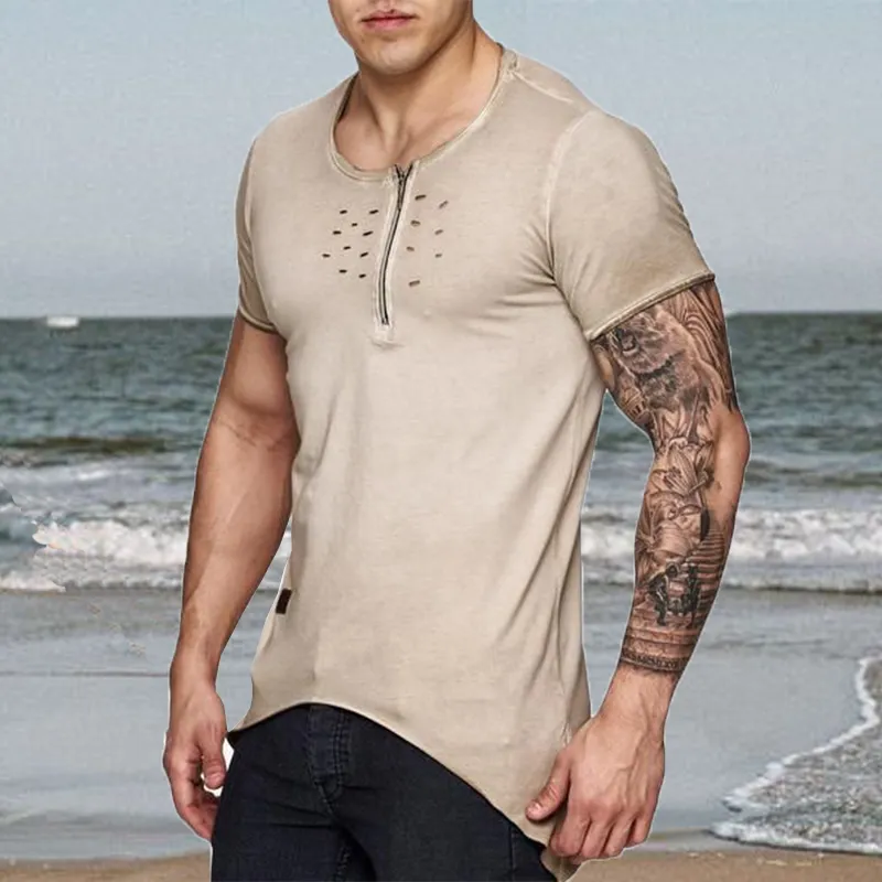 Men's Casual Round Neck Zipper Cotton Slim Short Sleeve T-Shirt 85253281K