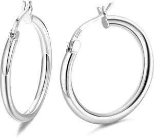 Milacolato 925 Sterling Silver Hoop Earrings for Women 18K White Gold Plated 2.5mm Chunky Huggie Hoop Earrings Hypoallergenic Lightweight Round-Tube Circle Small Big Hoop Earrings 13/15/20/25/30/40/50/60mm