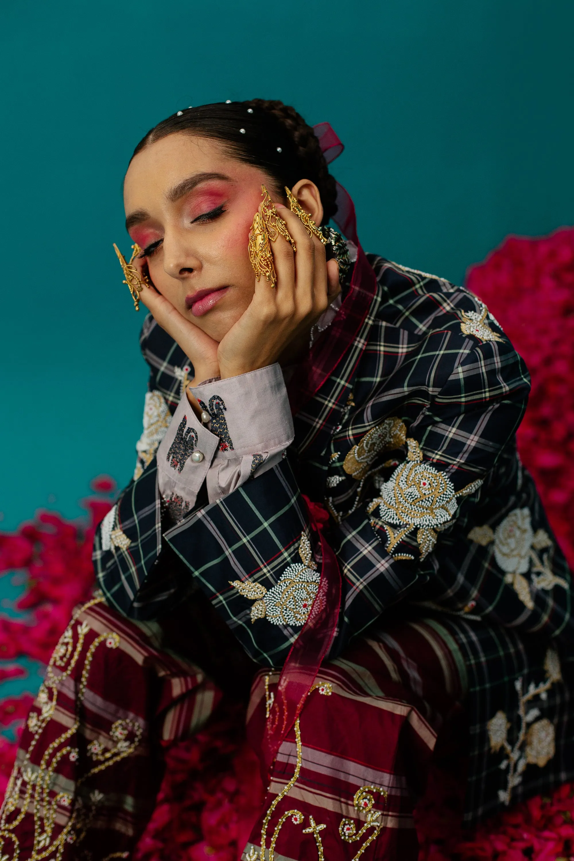 Navy Blue Checks Rose Jacket