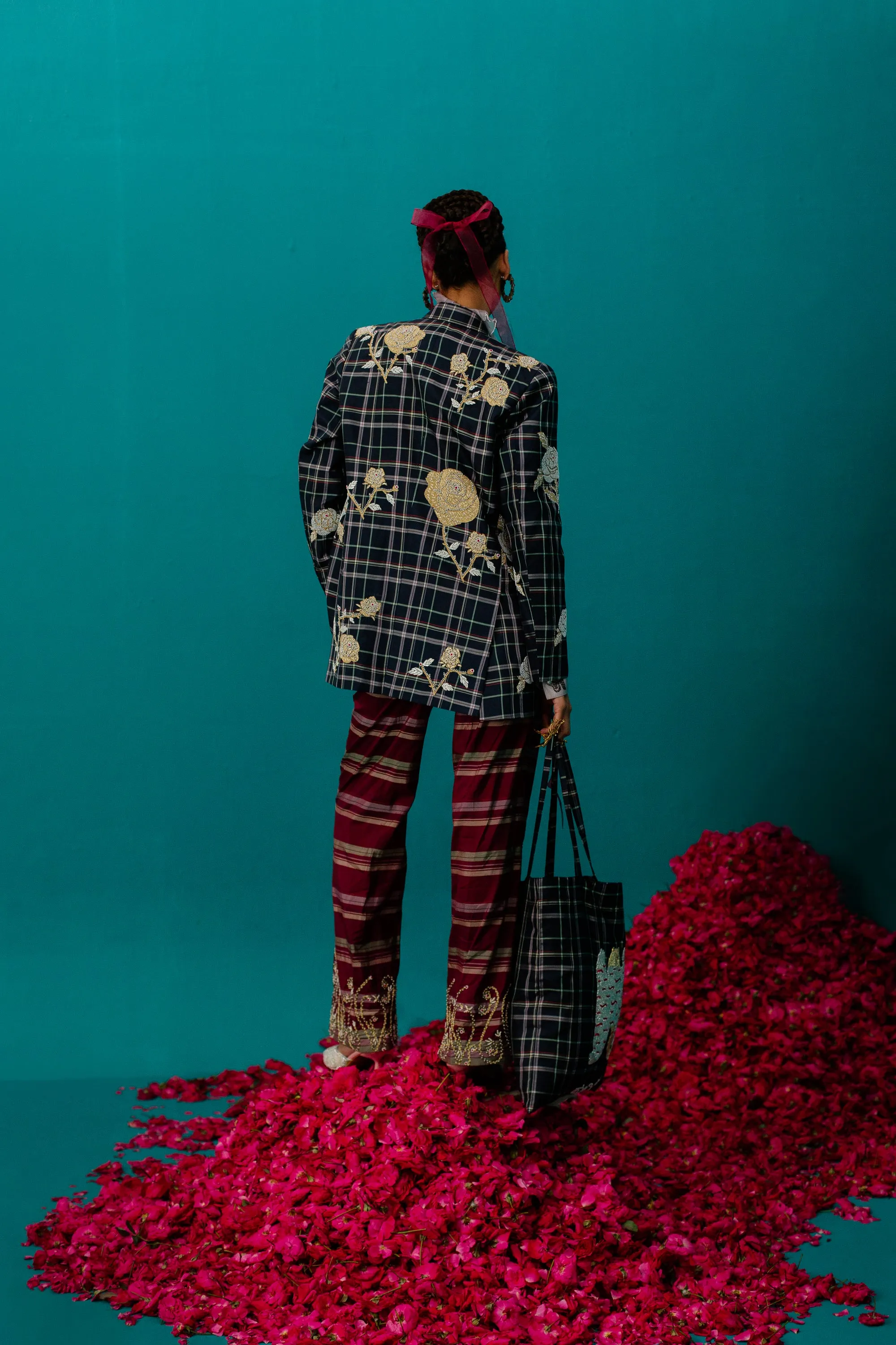 Navy Blue Checks Rose Jacket