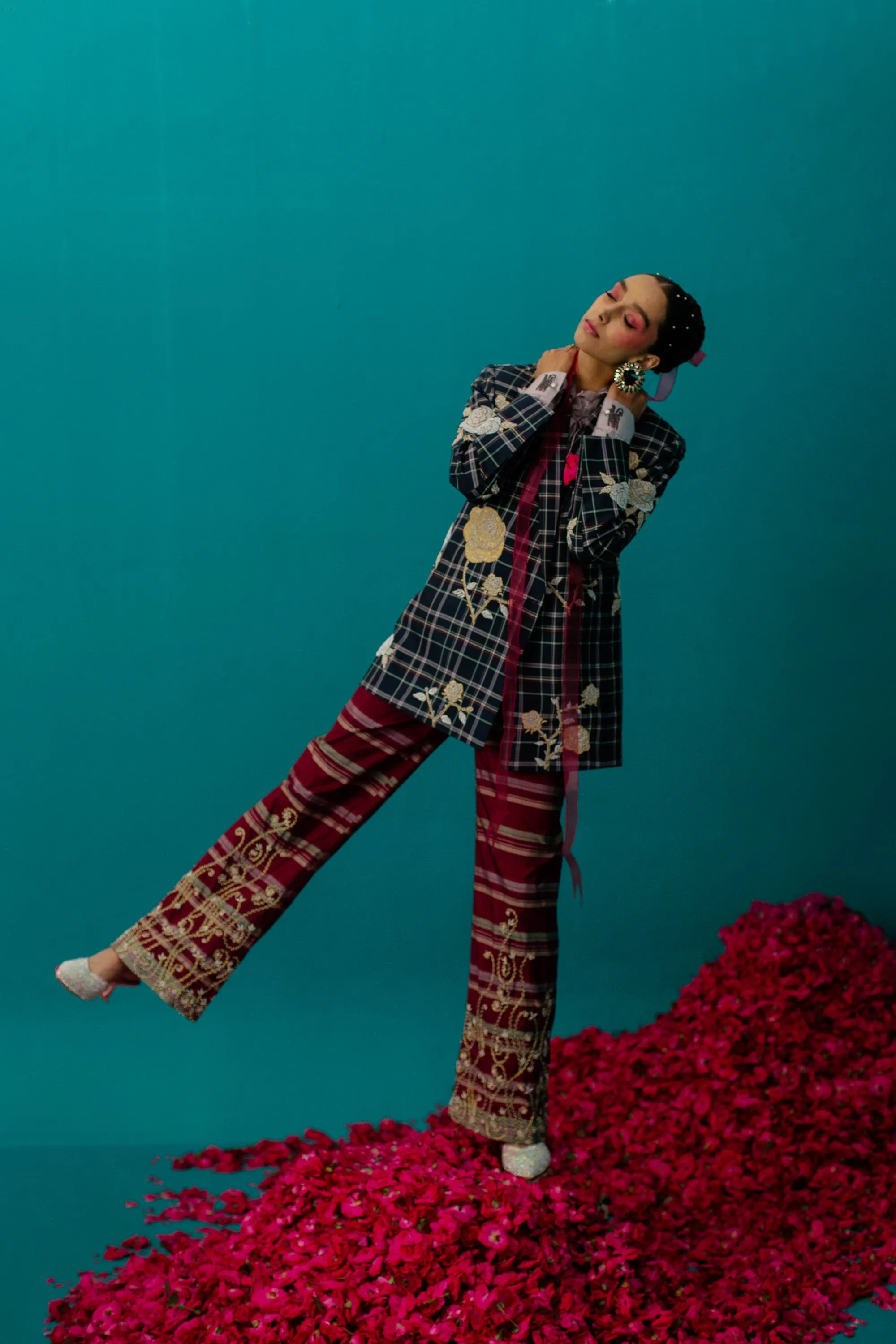 Navy Blue Checks Rose Jacket