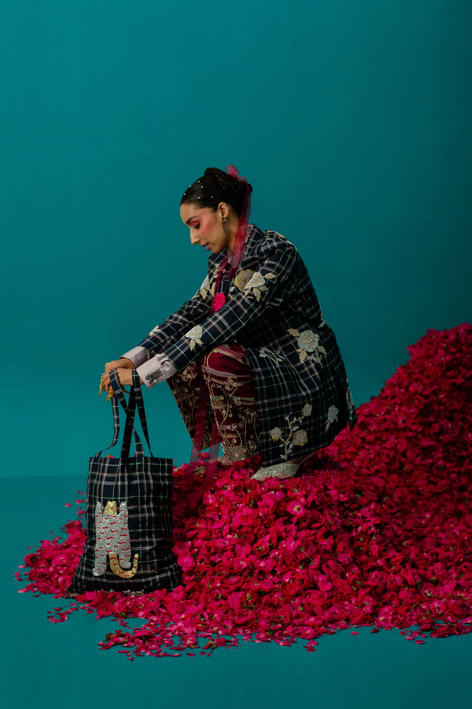 Navy Blue Checks Rose Jacket