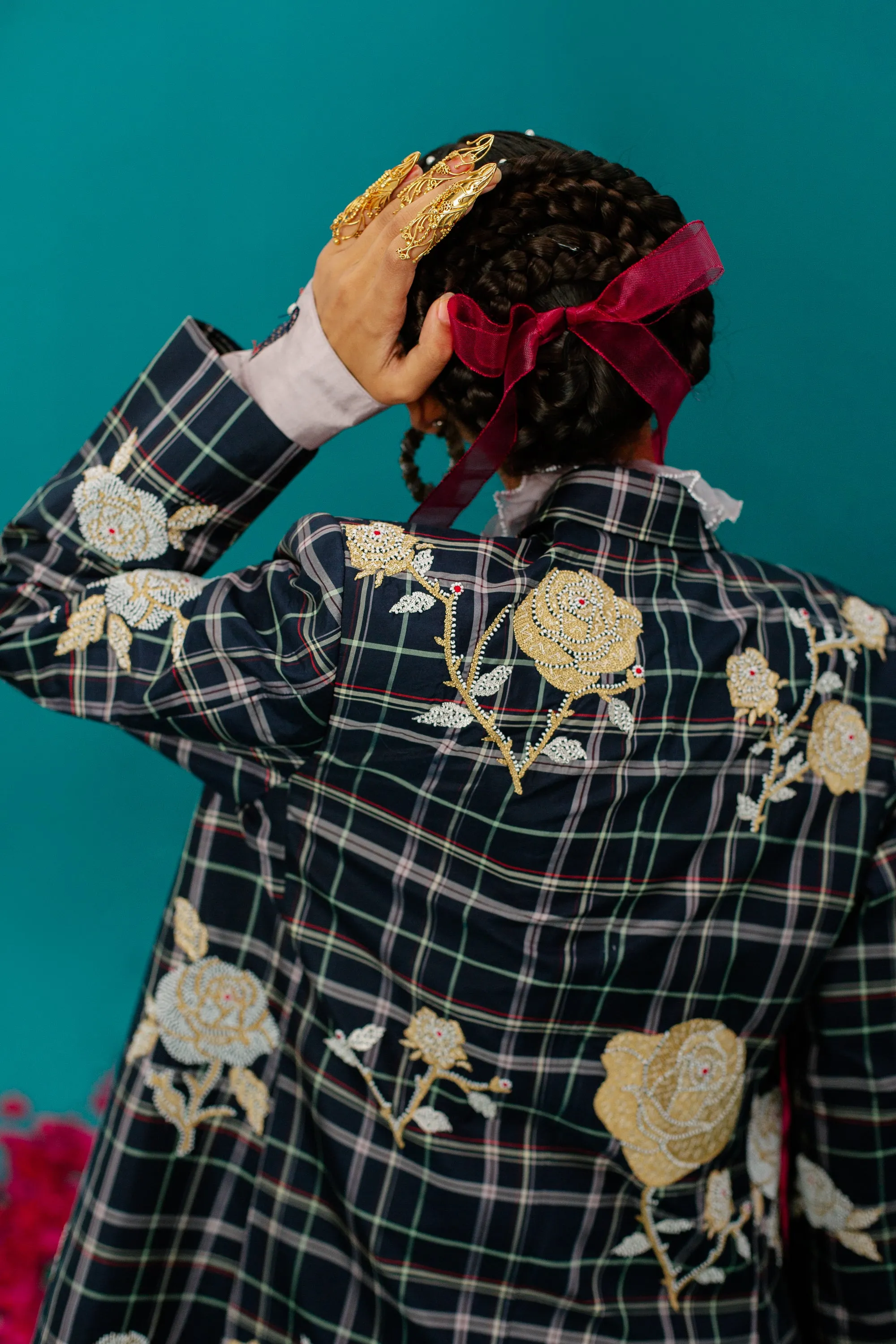 Navy Blue Checks Rose Jacket