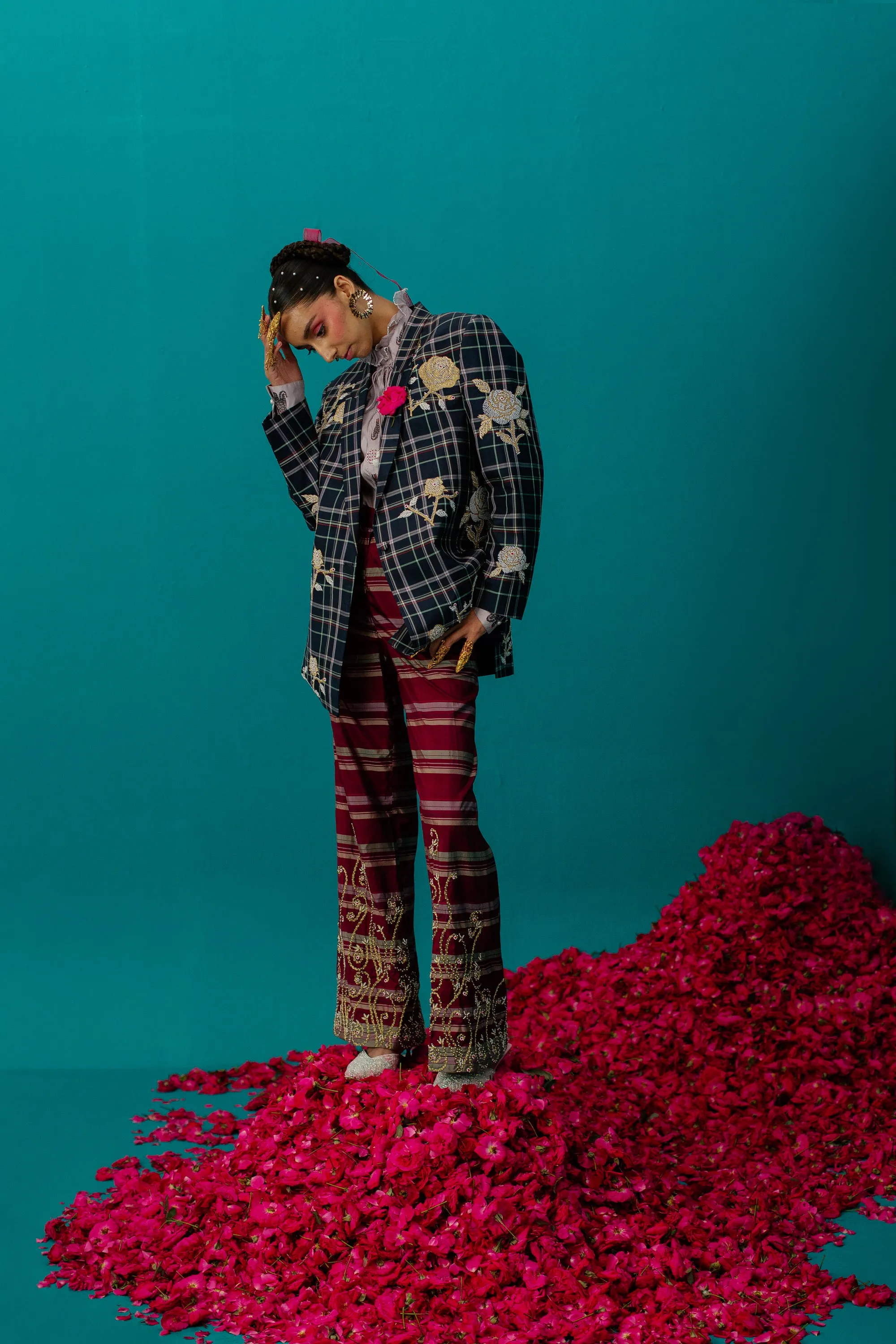 Navy Blue Checks Rose Jacket