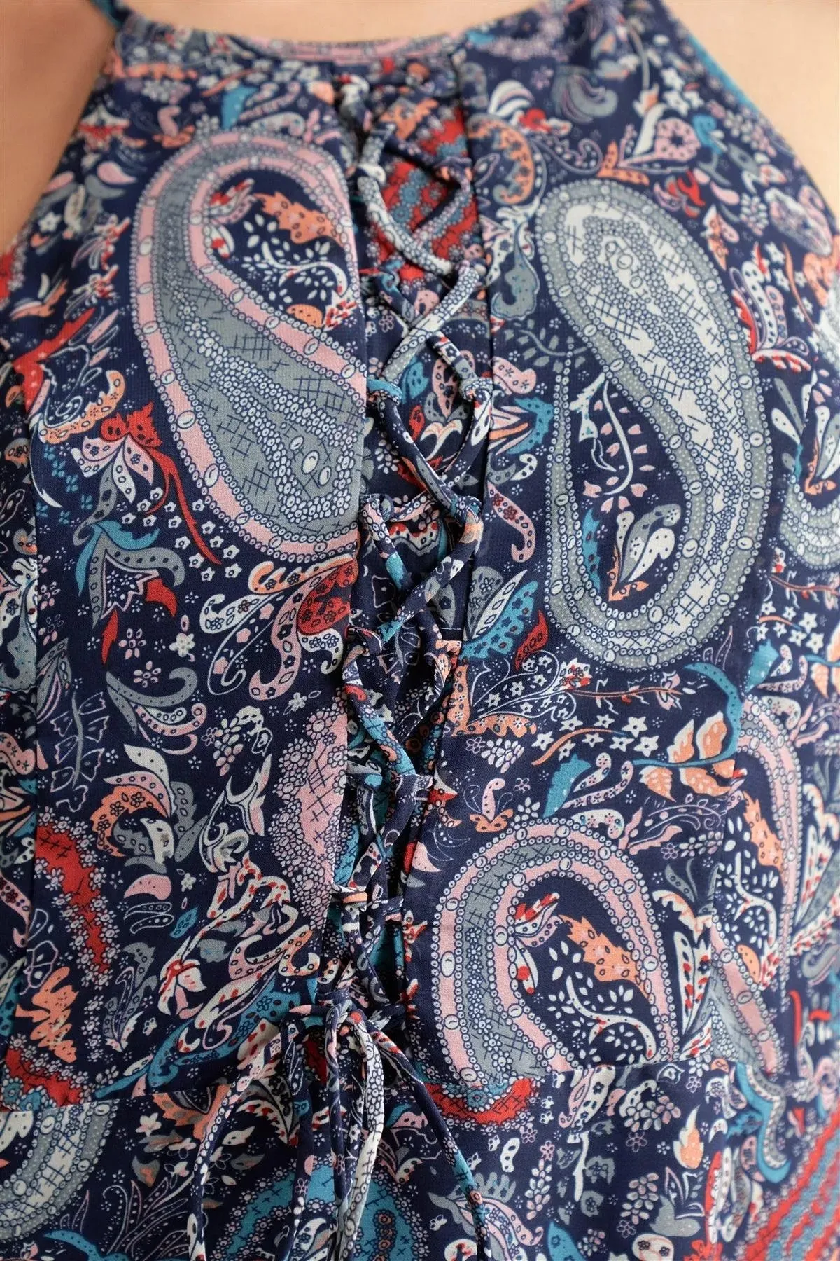 Navy Multicolor Paisley Pattern Print Sleeveless High Neck Lace-Up Front Detail Layered Mini Dress /1-2-2-1
