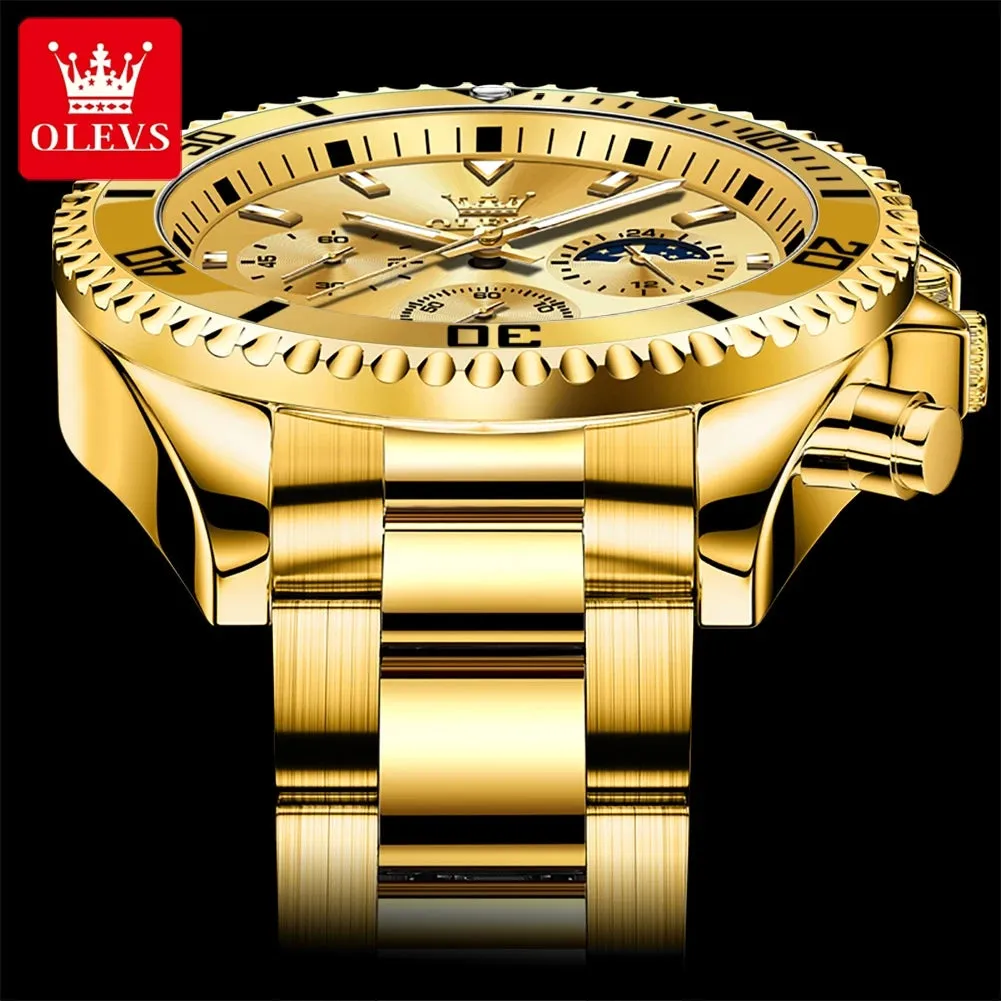 OLEVS Men's Watches Top Brand Luxury Watch for Men Original Waterproof Stainless Steel Chronograph Moon Phase Date Rota Dial