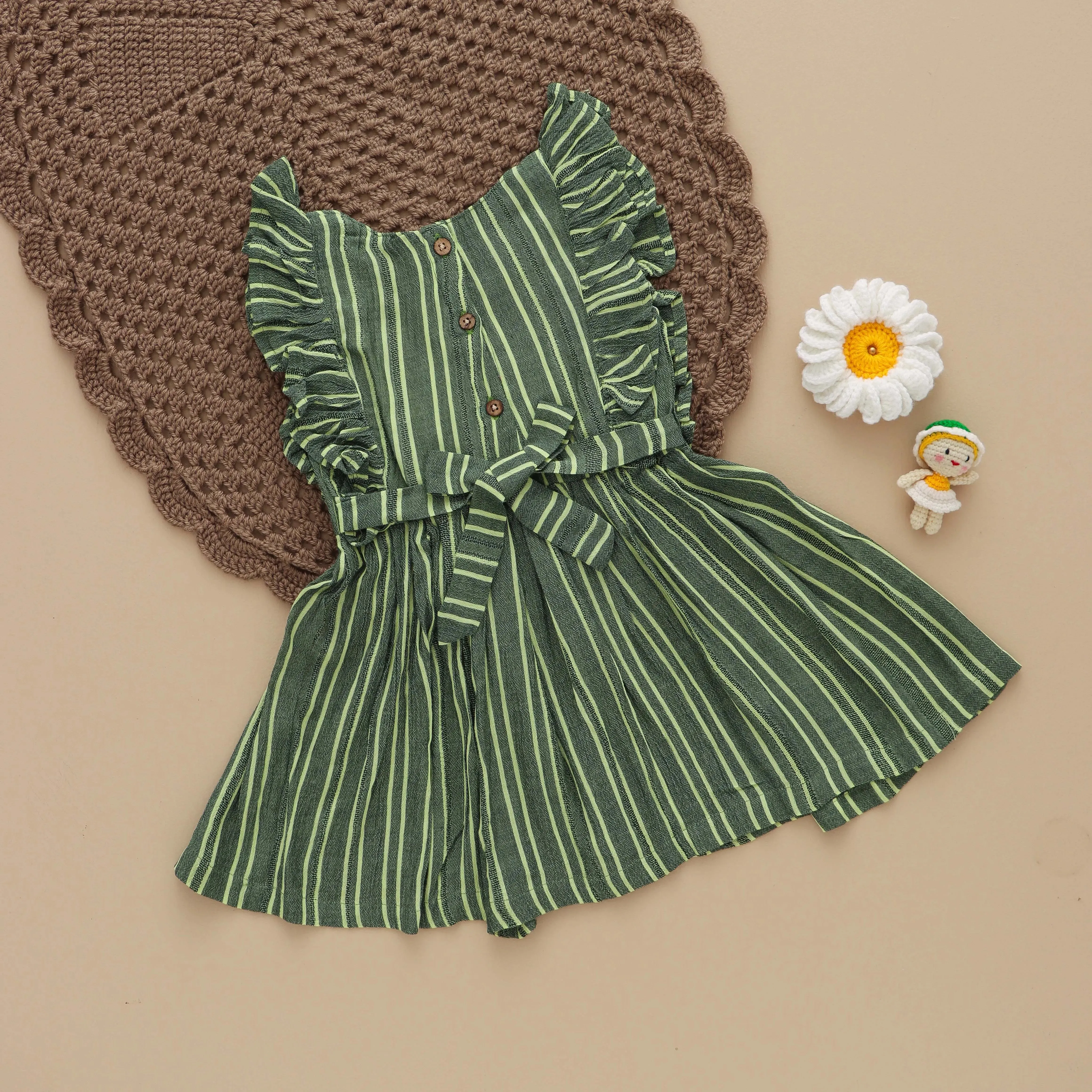 Olive Dreams: Green Striped Frock for Girls
