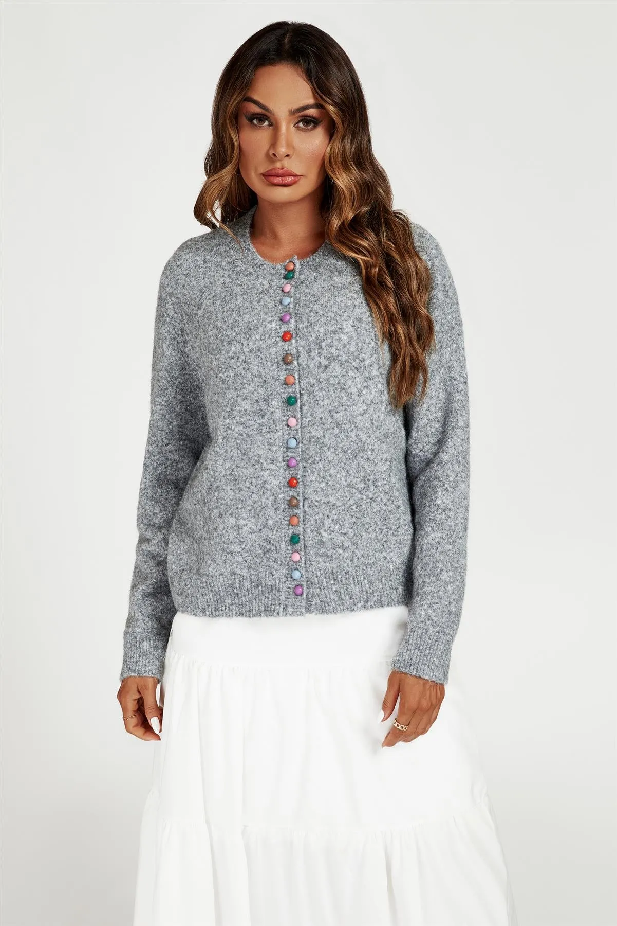 Rainbow Buttons Cardigan In Grey