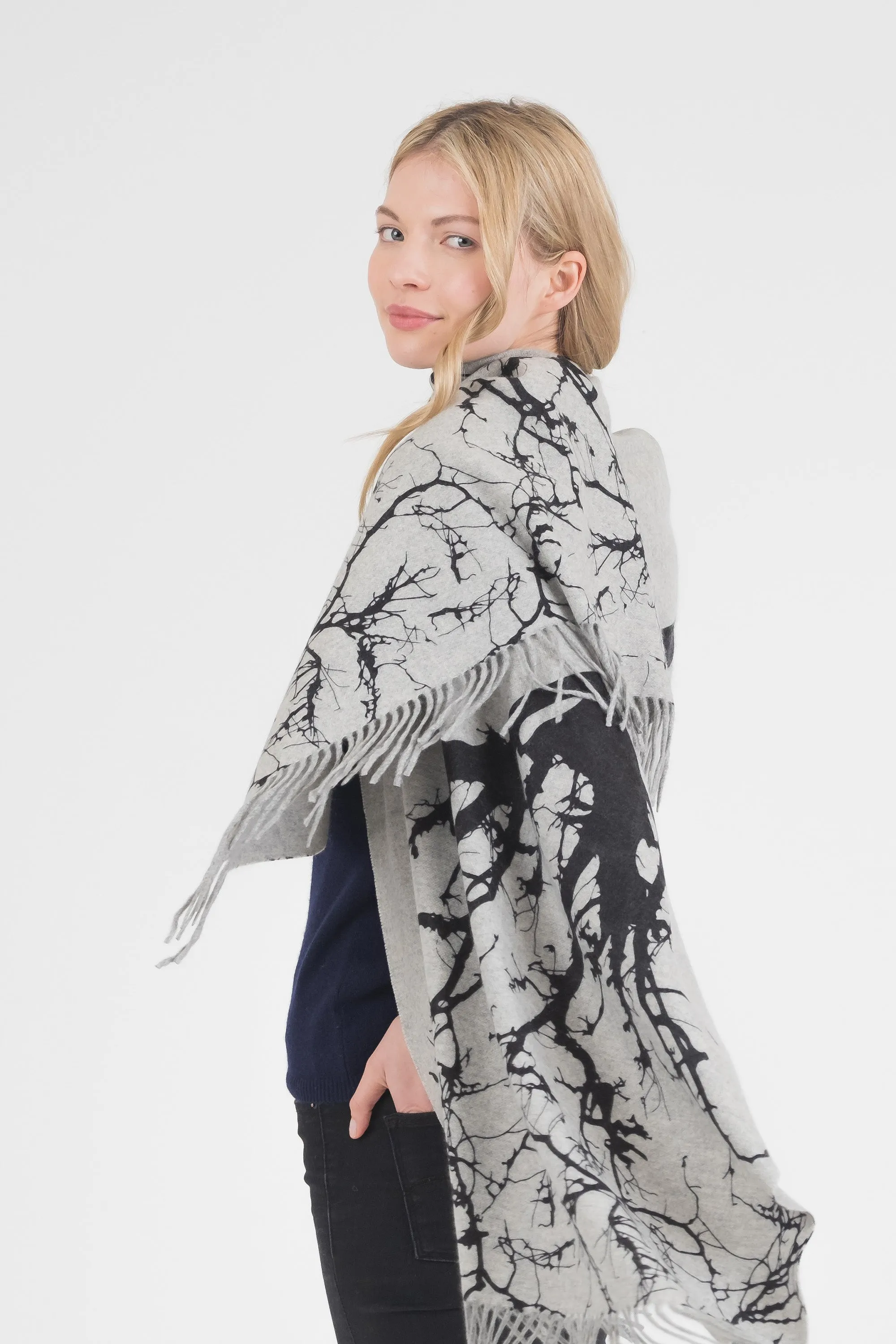 Tree Print Cashmere Double Sided Stole - Grey & Black