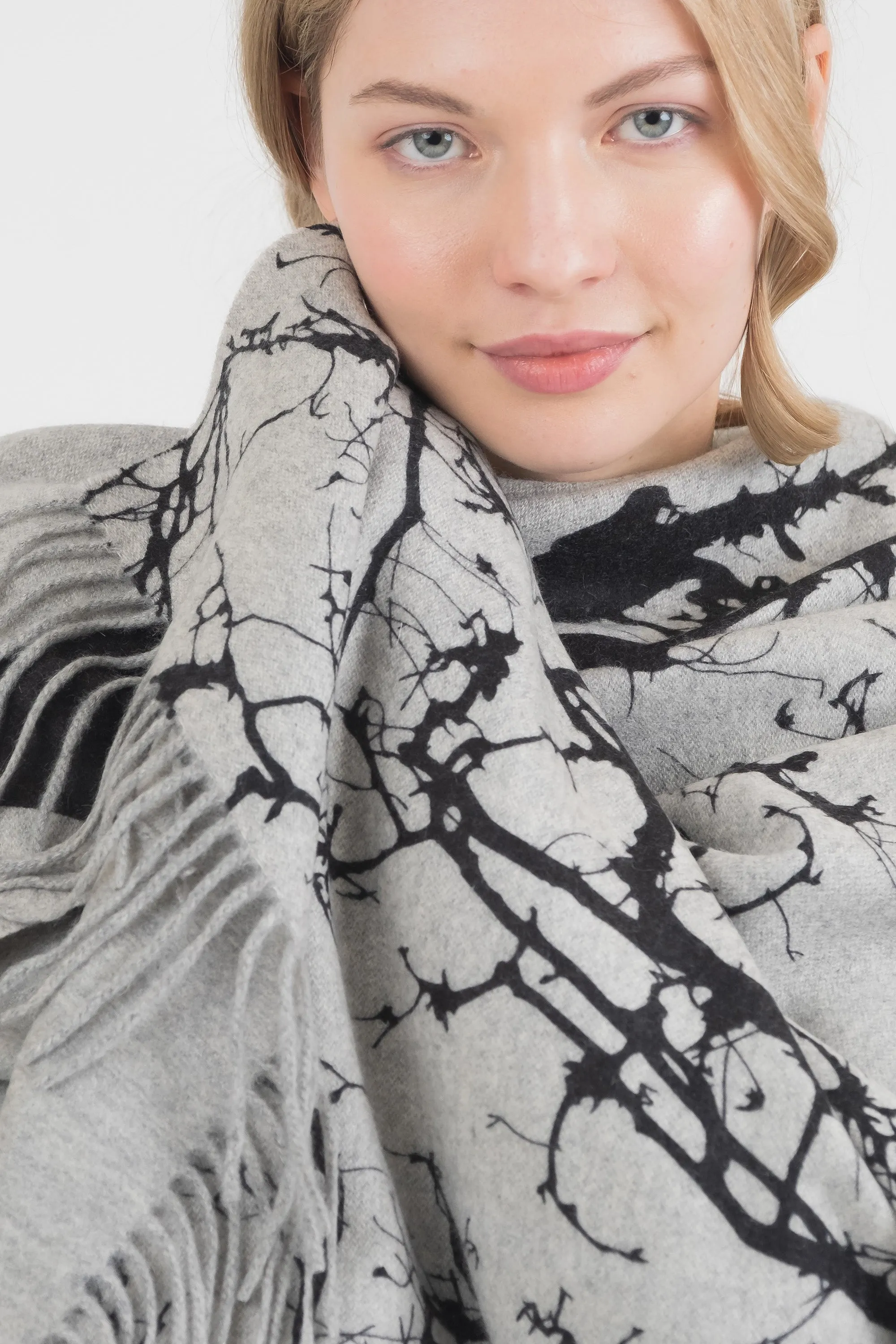 Tree Print Cashmere Double Sided Stole - Grey & Black