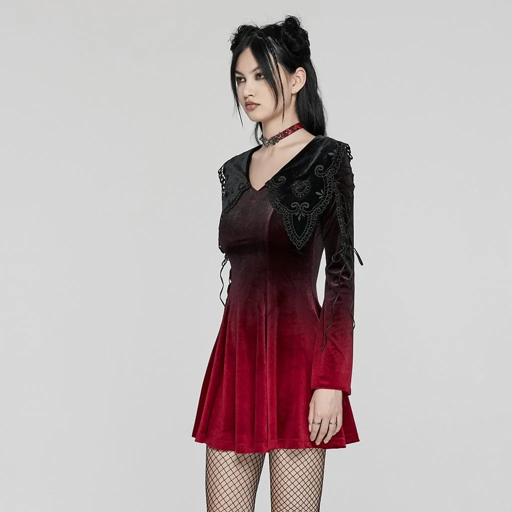 Women's Gothic Doll Collar Gradient Velvet Prom Dress Red