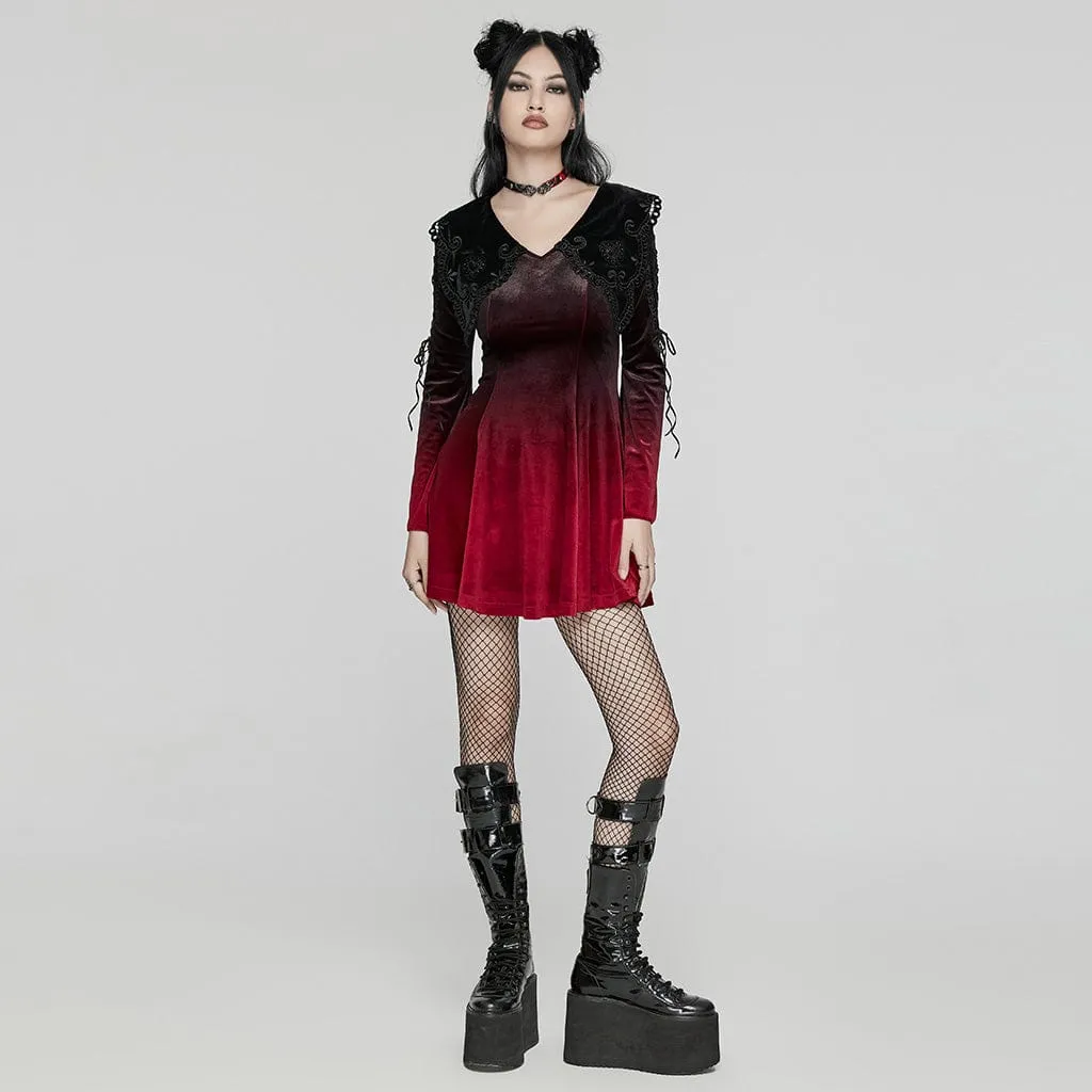 Women's Gothic Doll Collar Gradient Velvet Prom Dress Red
