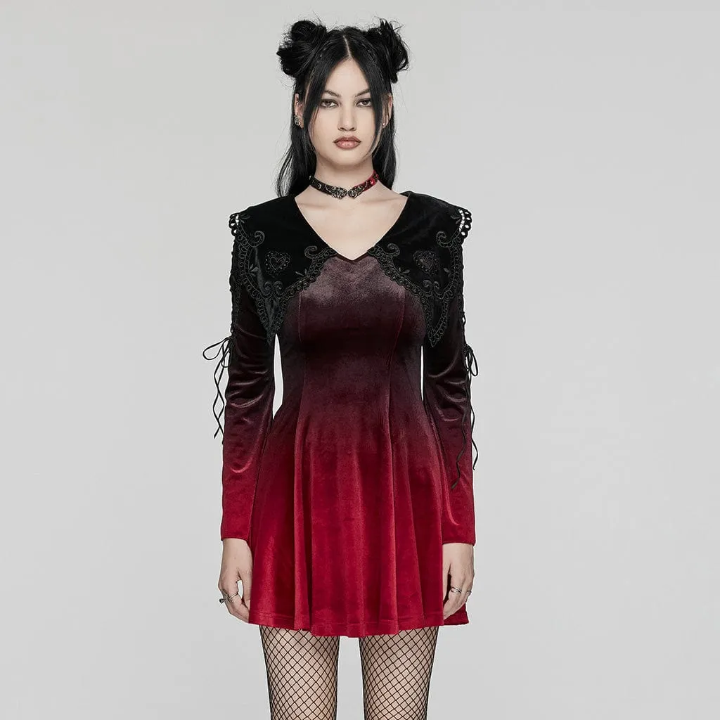 Women's Gothic Doll Collar Gradient Velvet Prom Dress Red