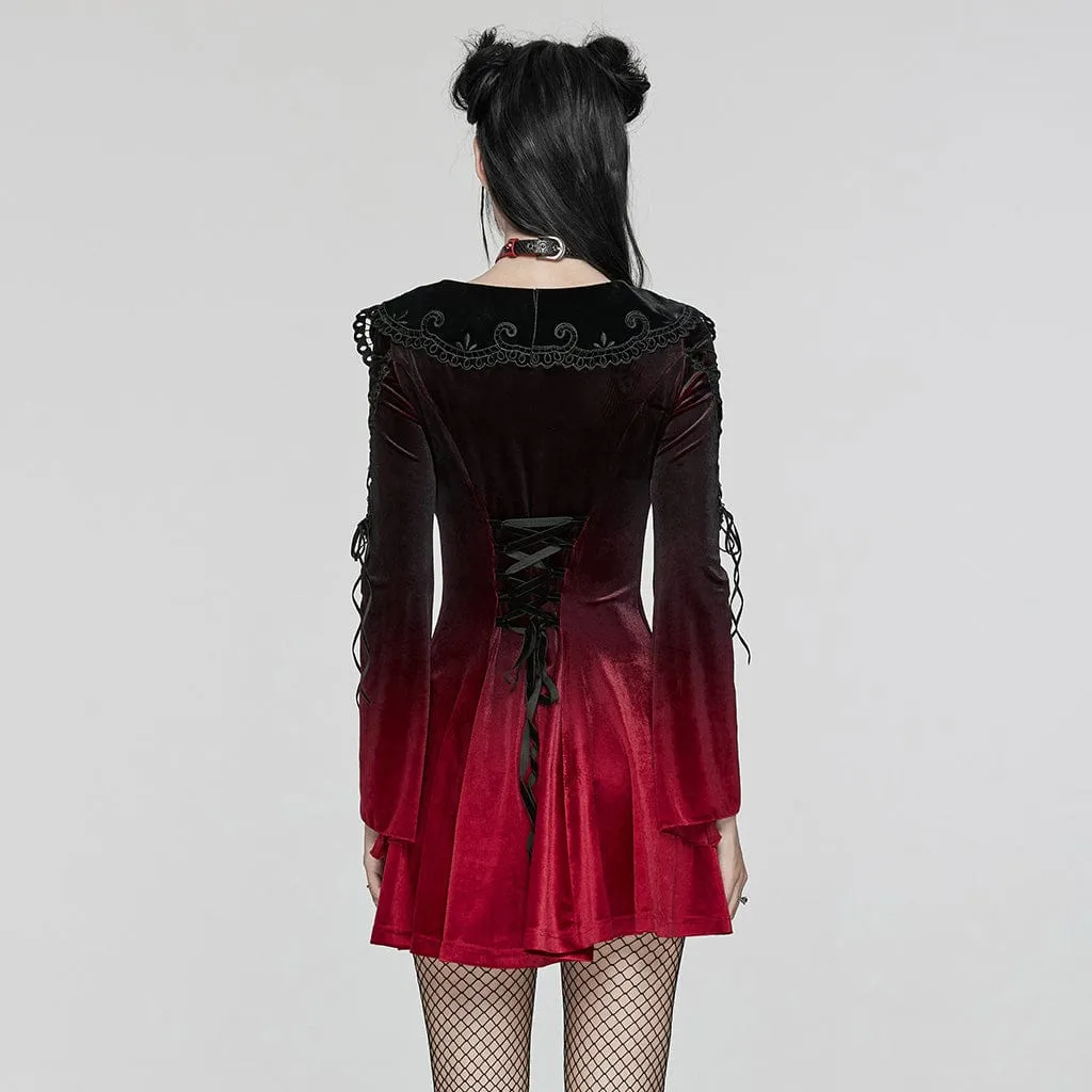 Women's Gothic Doll Collar Gradient Velvet Prom Dress Red