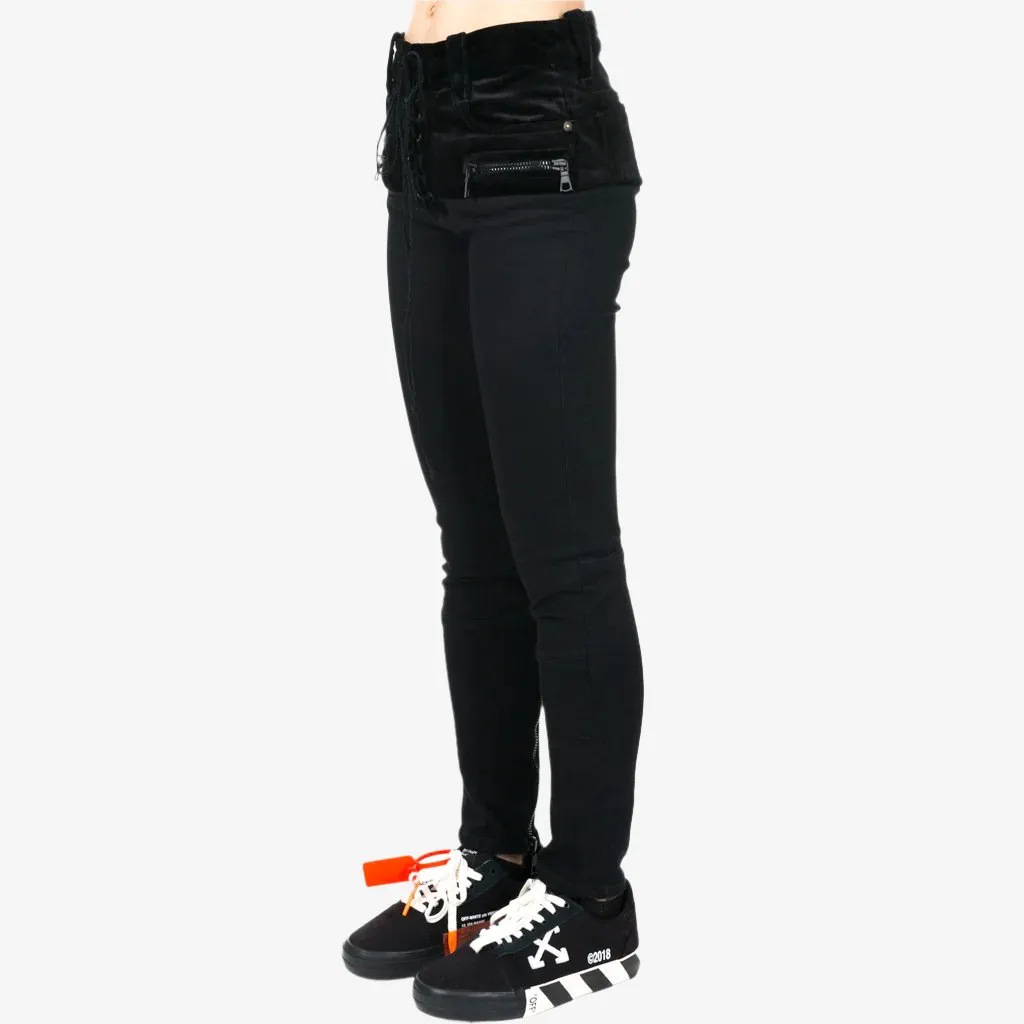 Womens Stone Denim Velvet Lace Up Jeans