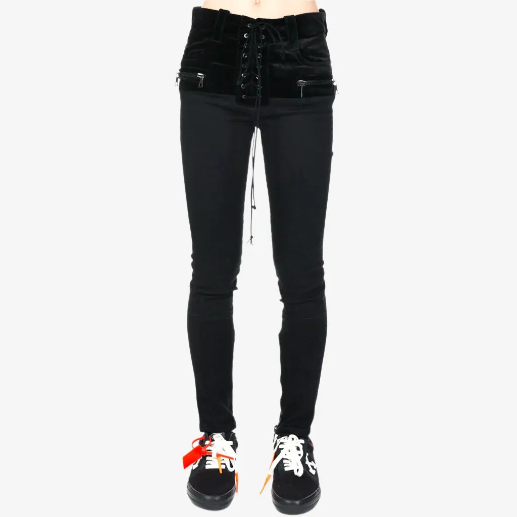 Womens Stone Denim Velvet Lace Up Jeans